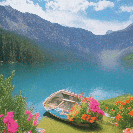 beautiful calm blue lake, mountains in background, flowers, boat in lake,