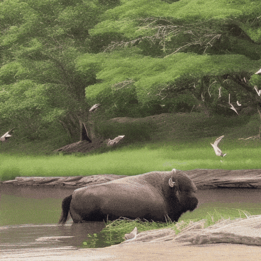 In the tranquility by the river bank, a buffalo reclines peacefully as a flock of birds