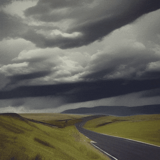 cinematic view over hills and meadows. A distant highway. -Postapocalyptic weather, clouds are blackening the sky and sun, and a storm is coming