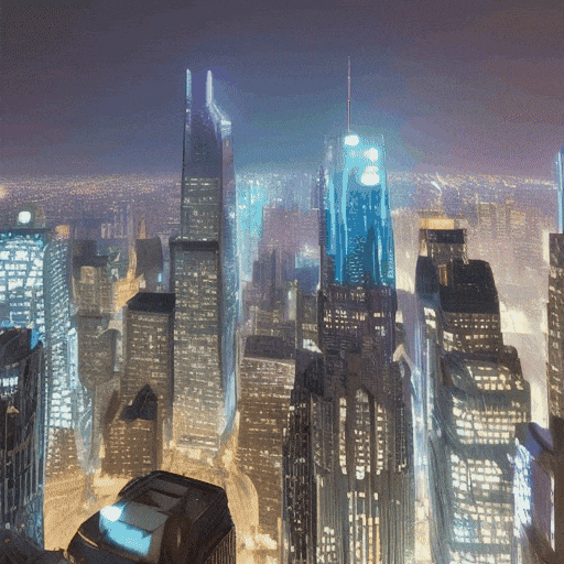 A futuristic metropolis bathed in the luminescence of night, adorned with towering skyscrapers that pierce the skyline