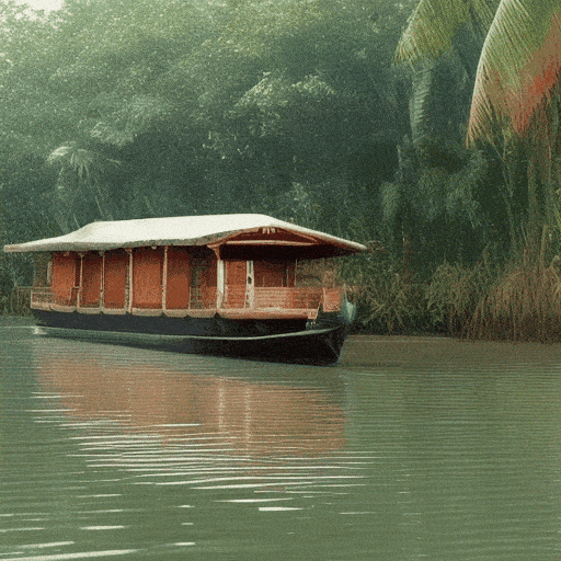 Picture should showcase a traditional houseboat slowly cruising through the peaceful backwaters of Kerala. The image should convey a sense of tranquility and relaxation. The houseboat should be decorated