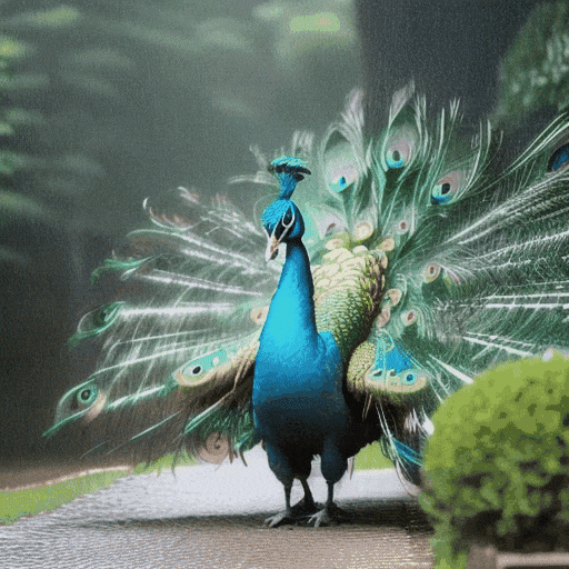 A peacock dancing in rain in a garden