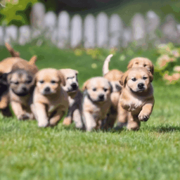 A litter of puppies running through the yard video generator