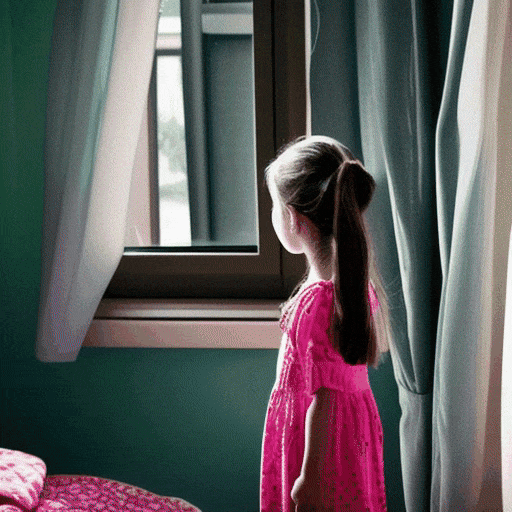 The young girl is standing in her bedroom, looking out the window with a sad expression on her face. She is wearing a pink dress and her long brown hair is tied back in a ponytail.