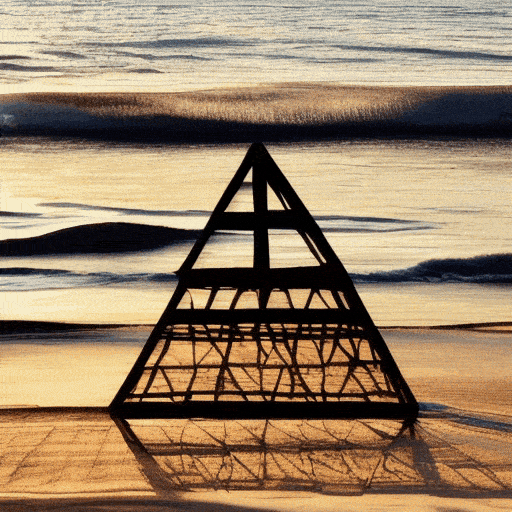 The silhouette of a wooden pyramid emerges against the backdrop of the setting sun on a tranquil beach