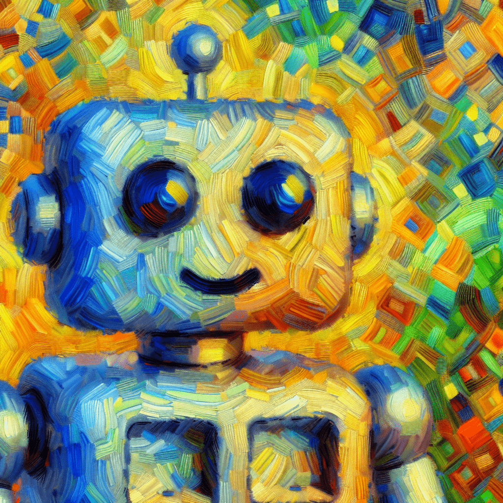 Impressionist oil painting of a cute robot.