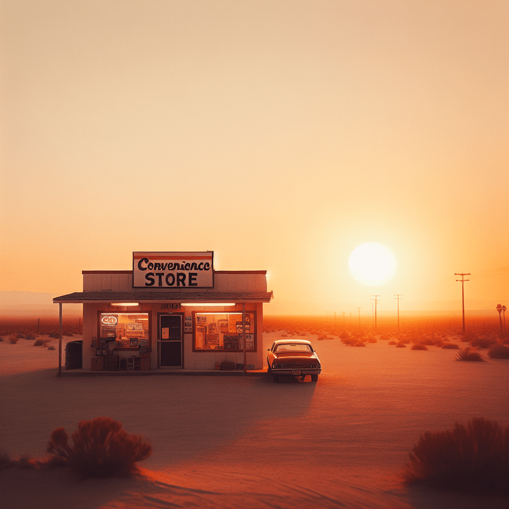 Isolated convenience store in the middle of the desert at sunset, car parked outside, lo-fi, nostalgic.
