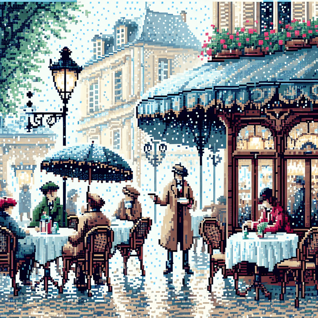 16-bit pixel art, outside of café on rainy day, by studio ghibli, cinematic still.