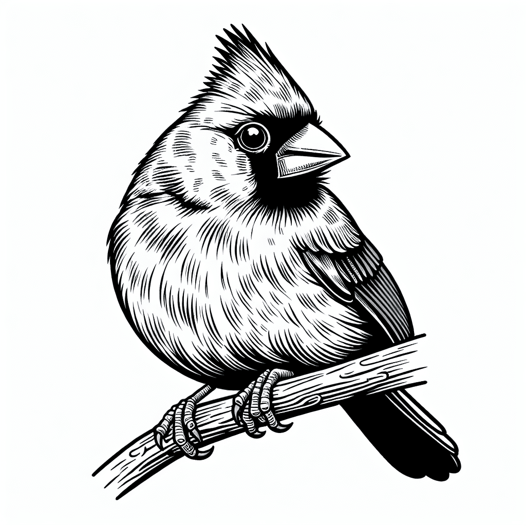 Clean coloring book illustration of a Northern Cardinal, black and white.
