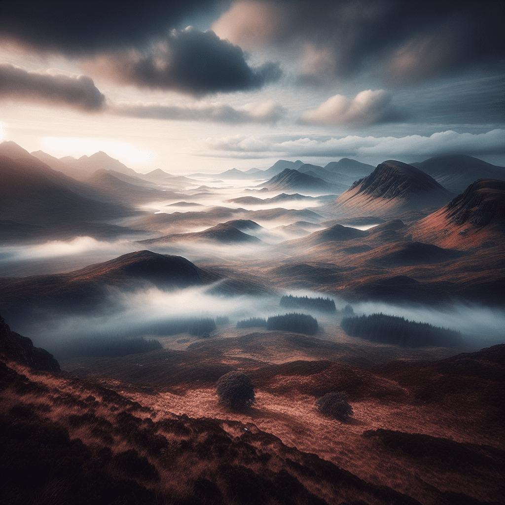 Hills of the Scotland highlands, misty fog, Canon RF 16mm f:2.8 STM Lens, award-winning photography, by National Geographic and Unsplash.