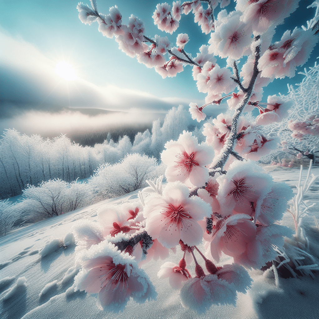 Cherry Blossoms in Hokkaido in the wintertime, Canon RF 16mm f:2.8 STM Lens, hyper realistic photography, style of Unsplash and National Geographic view.