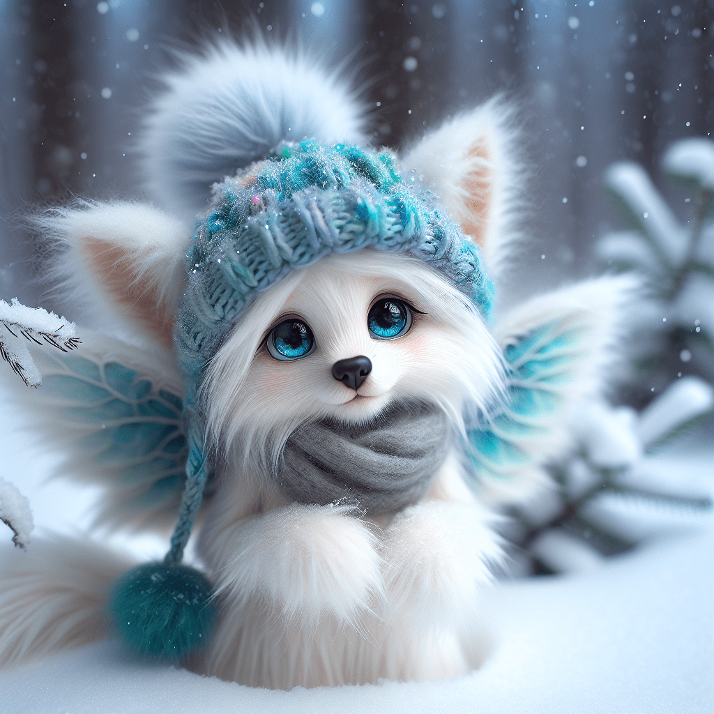 Snowing winter, super cute baby pixar style white fairy wolf, shiny snow-white fluffy, big bright eyes, wearing a woolly cyan hat, delicate and fine, high detailed, bright color, natural light, simple background, octane render, ultrawide angle, 8K.