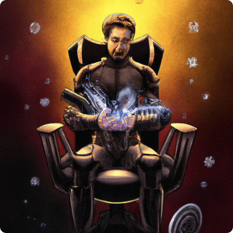 Tony Stark in heaven wearing the gauntlet and infinity stones sitting on a chair with backrest made of feather and its glowing behind the chair.