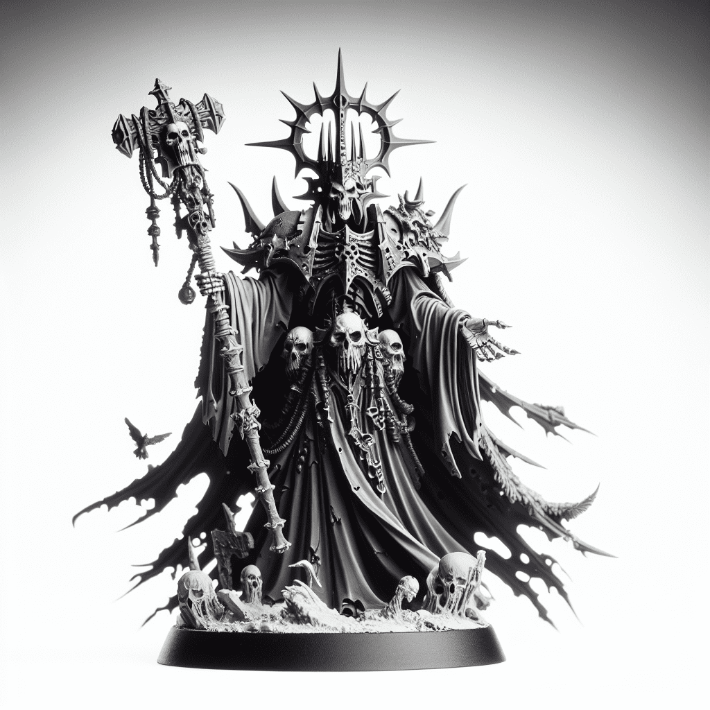 Warhammer miniature of Lich King, hand-painted, plastic, detailed, white background, studio lighting, product photography.