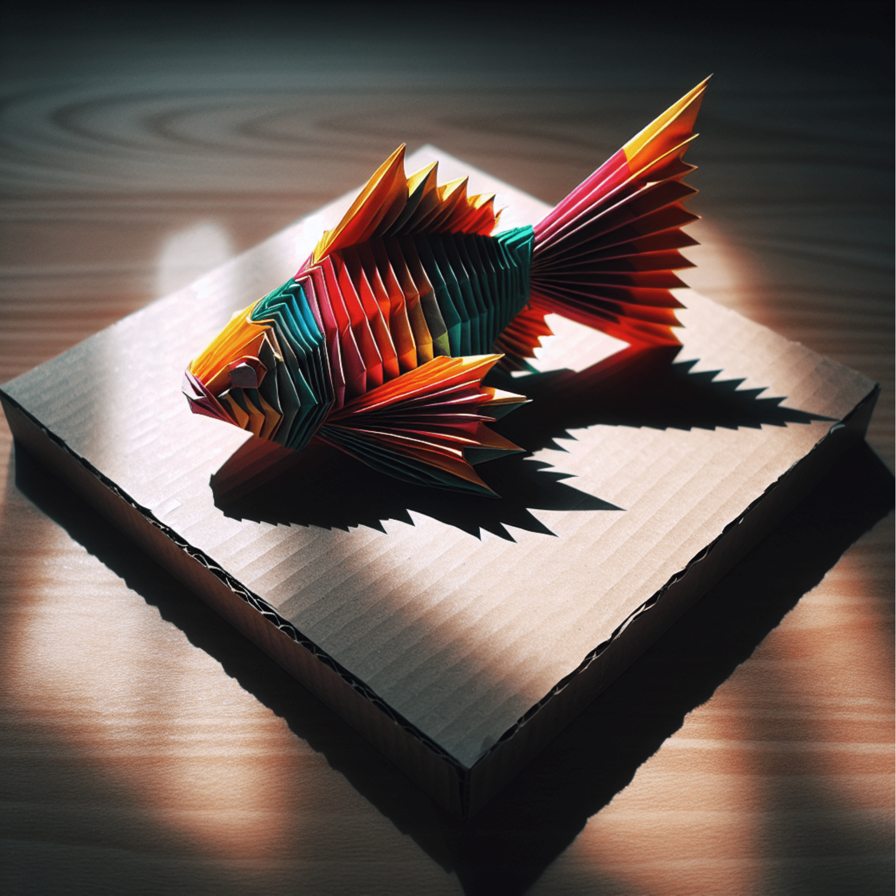 Origami wrapping of a fish, colored paper on top of cardboard, realistic.