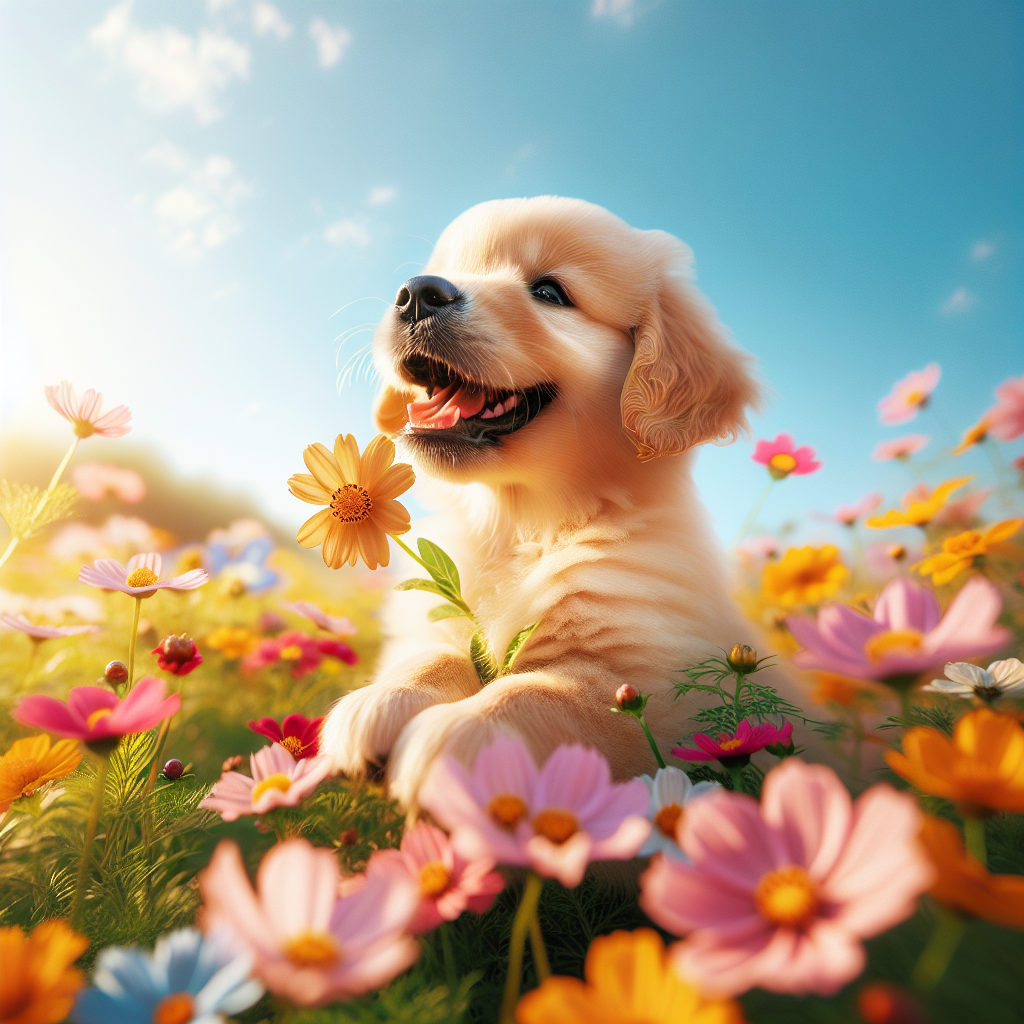 An adorable puppy playing in a field of flowers.