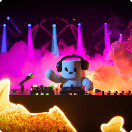 Marshmallow playing DJ on a stage in front of a massive crowd with laser lights at night on a beach island.