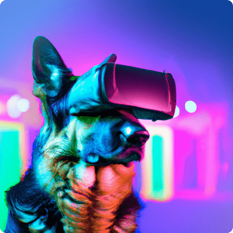 A dog wearing a VR headset, cyberpunk, hyper unreal environment, neon lights background, 85mm portrait, blur.
