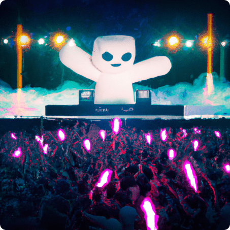 Marshmallow playing DJ on a stage in front of a massive crowd with laser lights at night on a beach island.