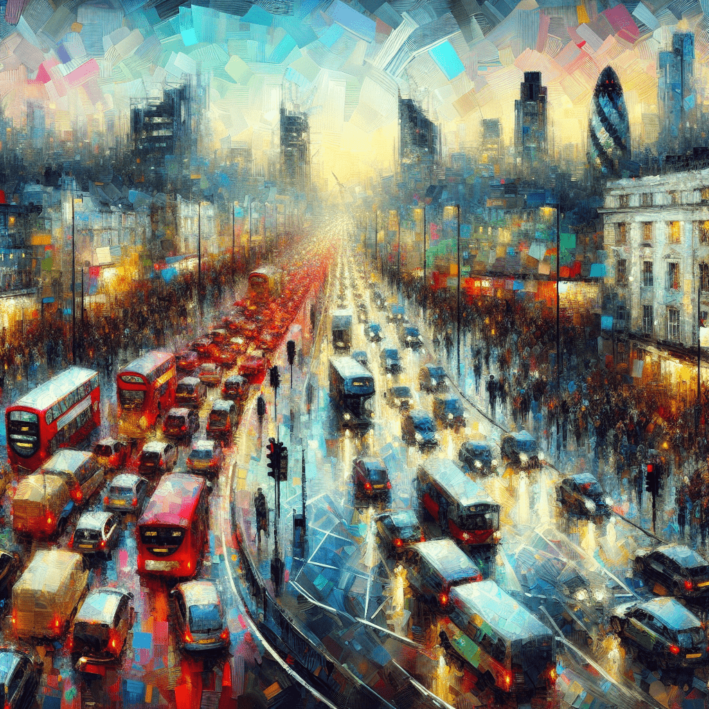 Abstract painting inspired by the rush hour traffic in London city.