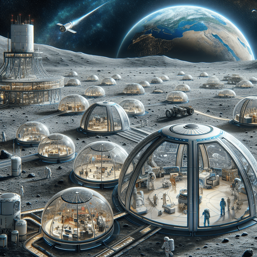 Design a piece of digital artwork showing an imagined colony on Moon.